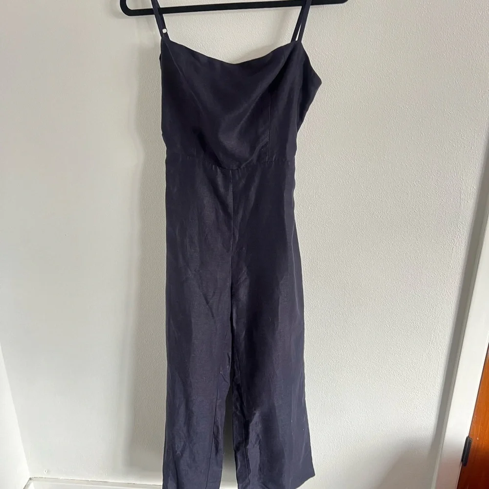 Reformation Navy Linen Jumpsuit Open Tie Back, size 6
